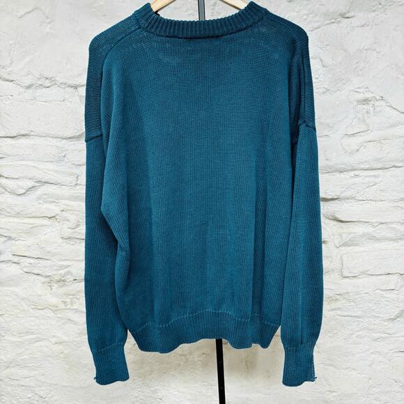 Structure Ramie Cotton Crewneck Sweater Embroidered Logo Turquoise Vintage 90's - Picture 2 of 6